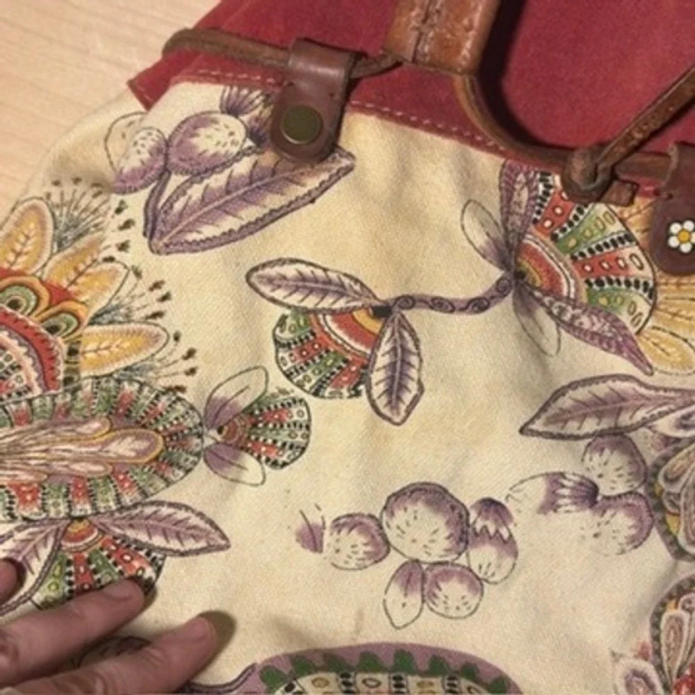 Lucky Brand Backpack Multicolor Floral Suede Canvas Drawstring Boho Skool Laptop